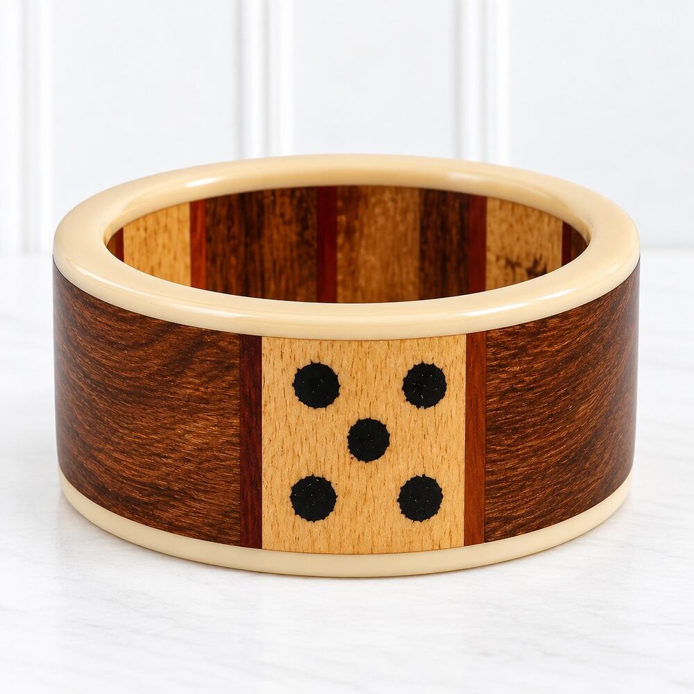 Antika Collection Wide Bangle Bracelet Brown Cream Wood Look NWT India